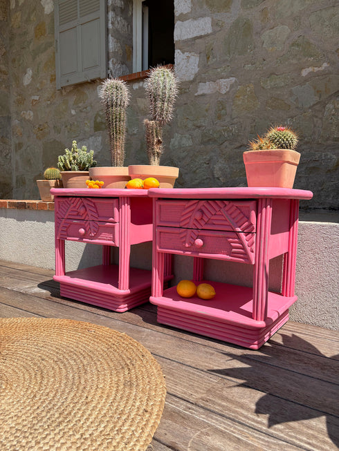 Paire de chevets rotin rose " Pauline"