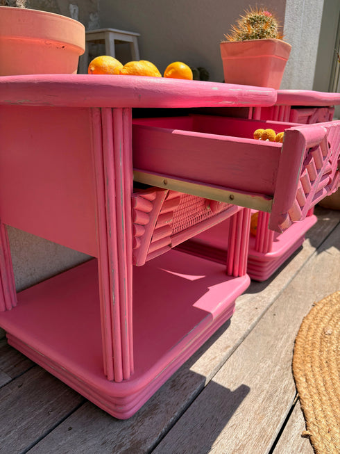Paire de chevets rotin rose " Pauline"