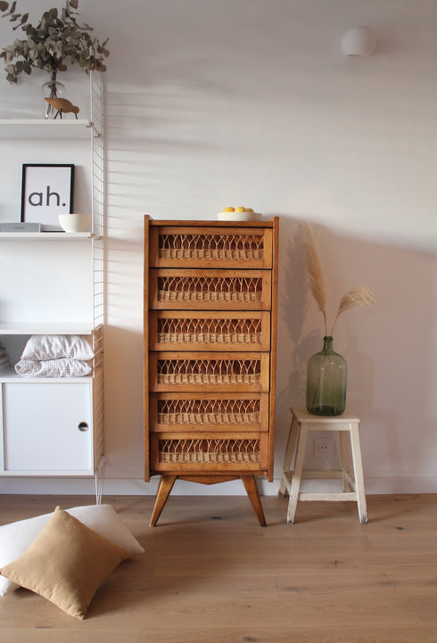 Chiffonnier pieds compas rotin Léon