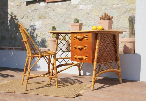Bureau et sa chaise en rotin vintage "Hypolite" - Louis Sognot -